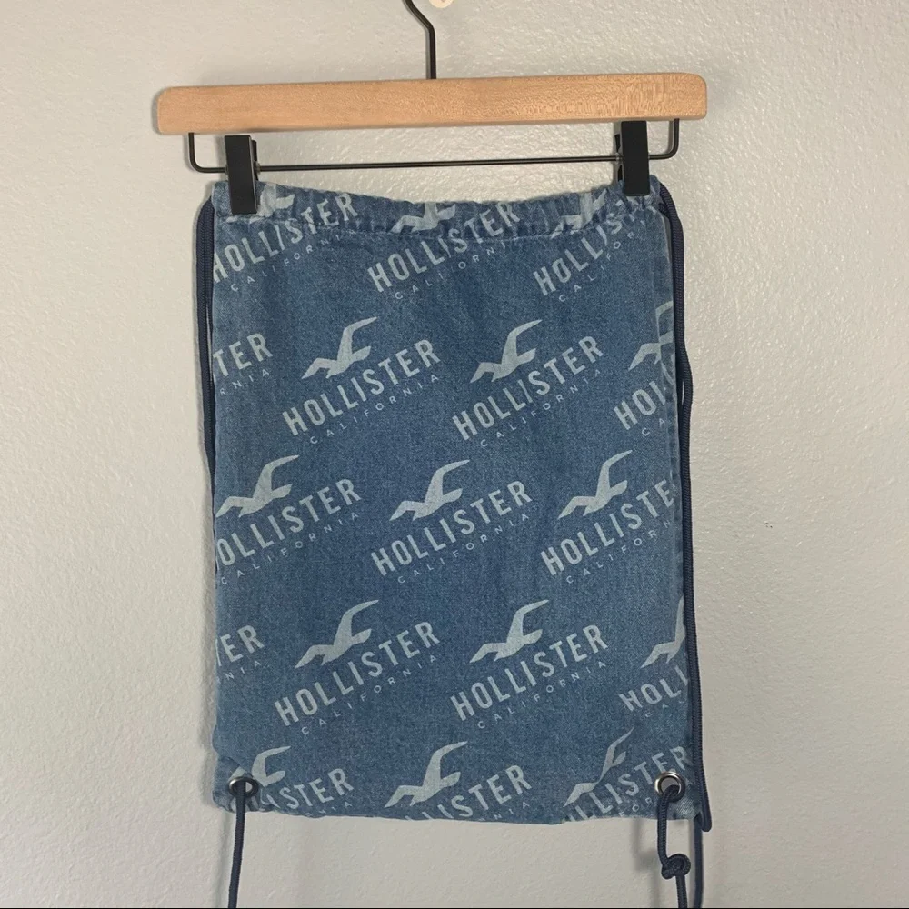 Hollister Denim Print Seagull Logo Drawstring Backpack Bag - Y2K Beach Cinch